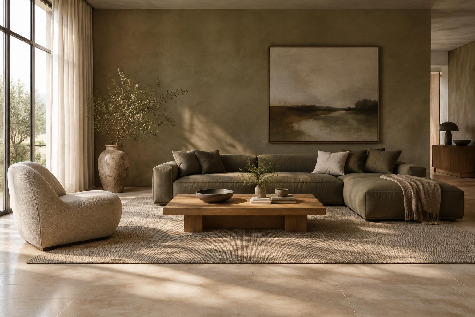 Olive sofa, oak table and sculptural lounge chair in a sunlit living room